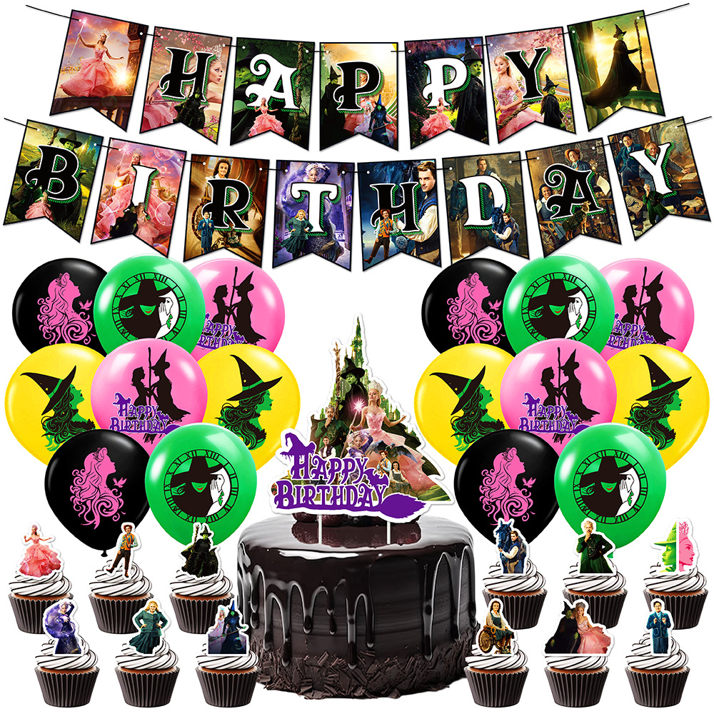 Wicked Birthday Party Decorations, Musical Theatre Theme Birthday Party Supplies Set Include Happy Birthday Banner, Balloons, Cake Toppers, Cupcake Toppers